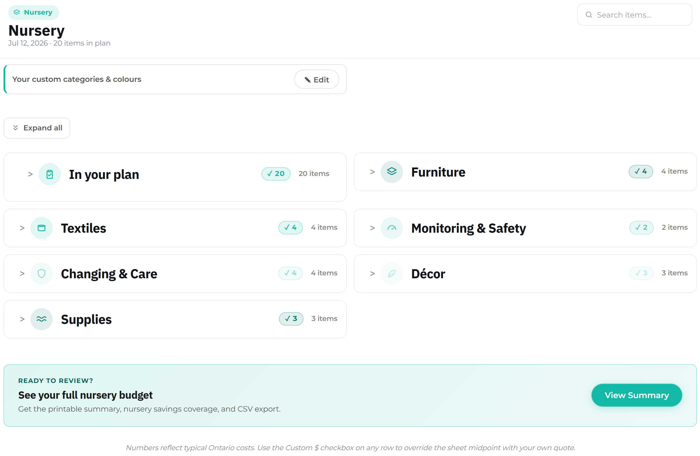 A custom nursery budget in Budget Forecast, with furniture, textiles, monitoring and safety, changing and care, décor, and supplies